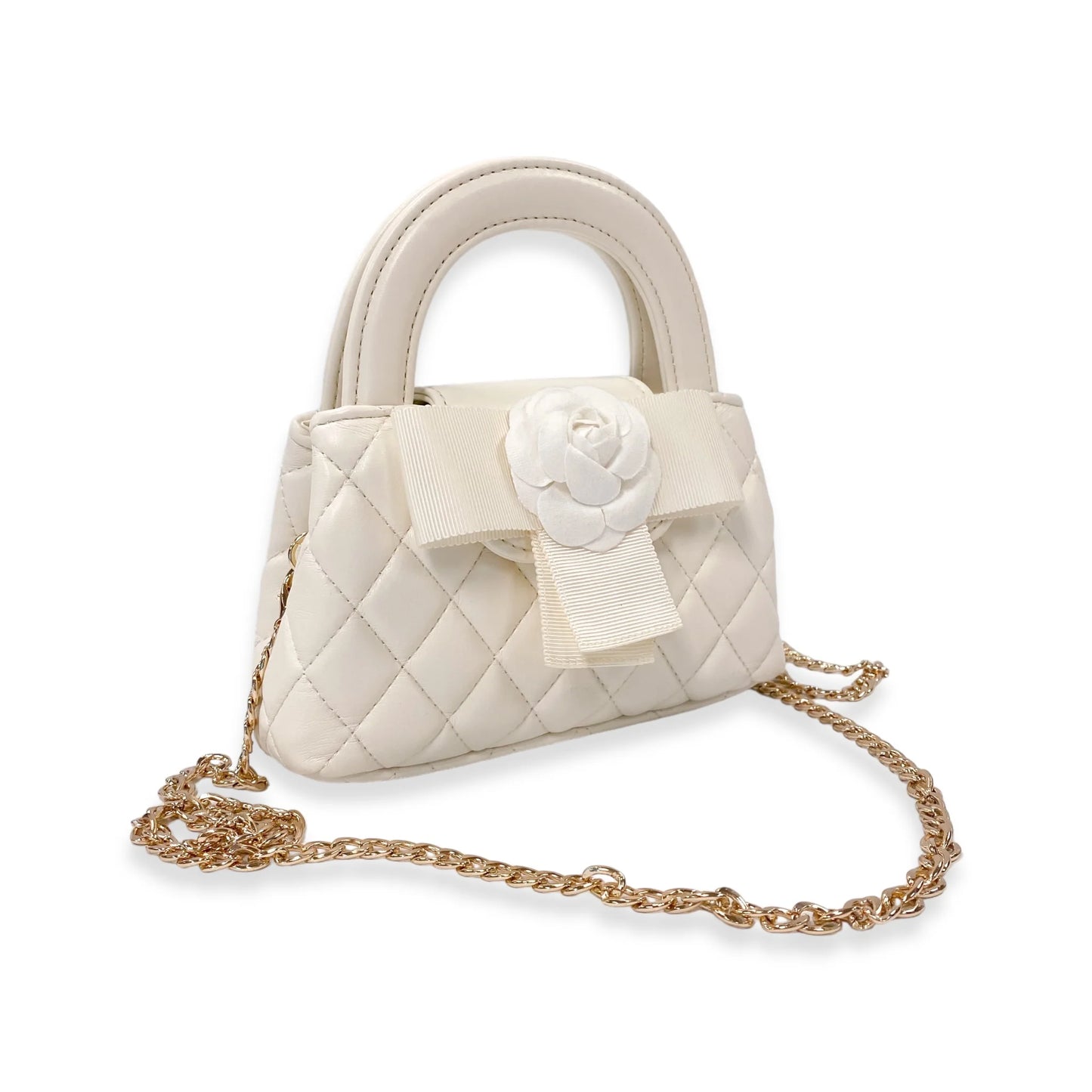 Ivory Quilted Purse with Flower Applique